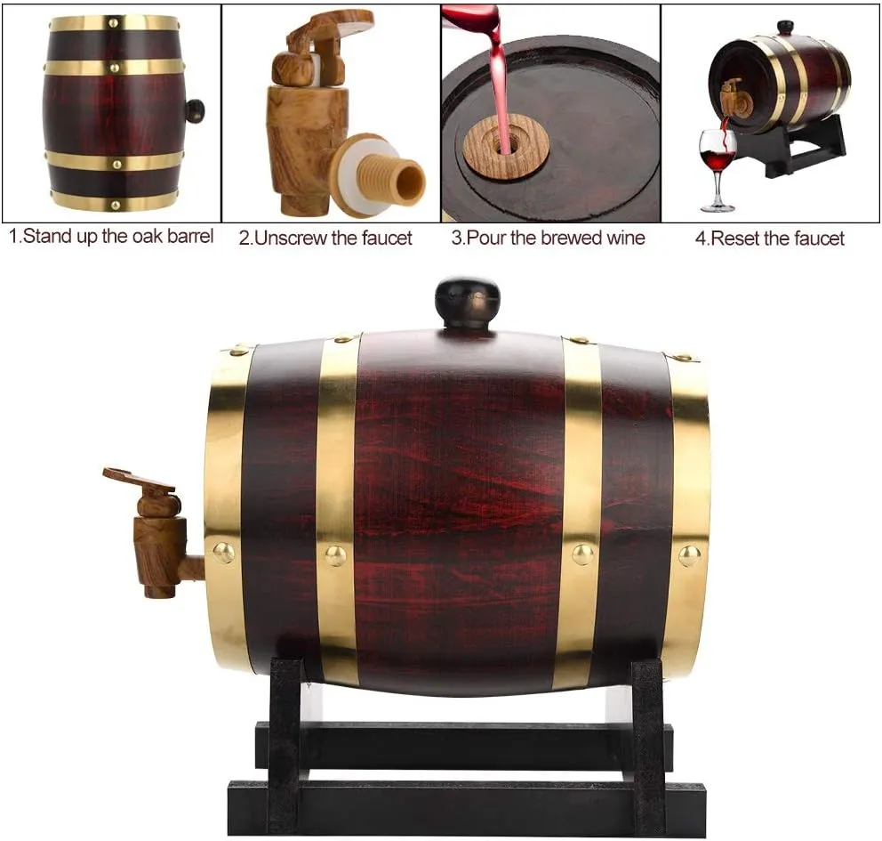Wakects Barril de Roble de 1,5 Litros, Madera Envejecida Vintage, Dispensador de Vino para Cerveza, Whisky, Ron